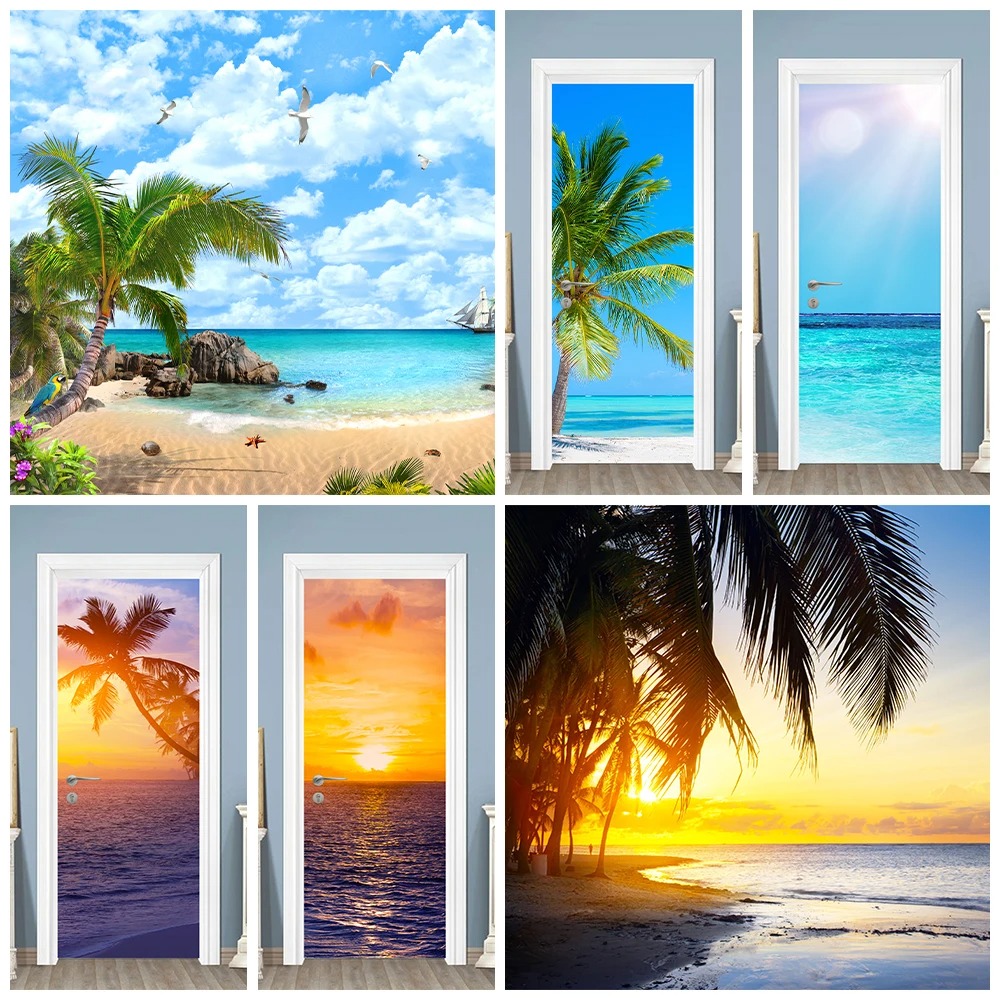 Home Textiles Meaning - Adesivo 3D per Porta con Spiaggia